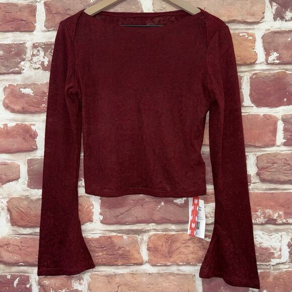 Cider Top Womens Large Burgundy Floral Abstract Burnout Sheer Stretchy Shirt - Picture 7 of 9